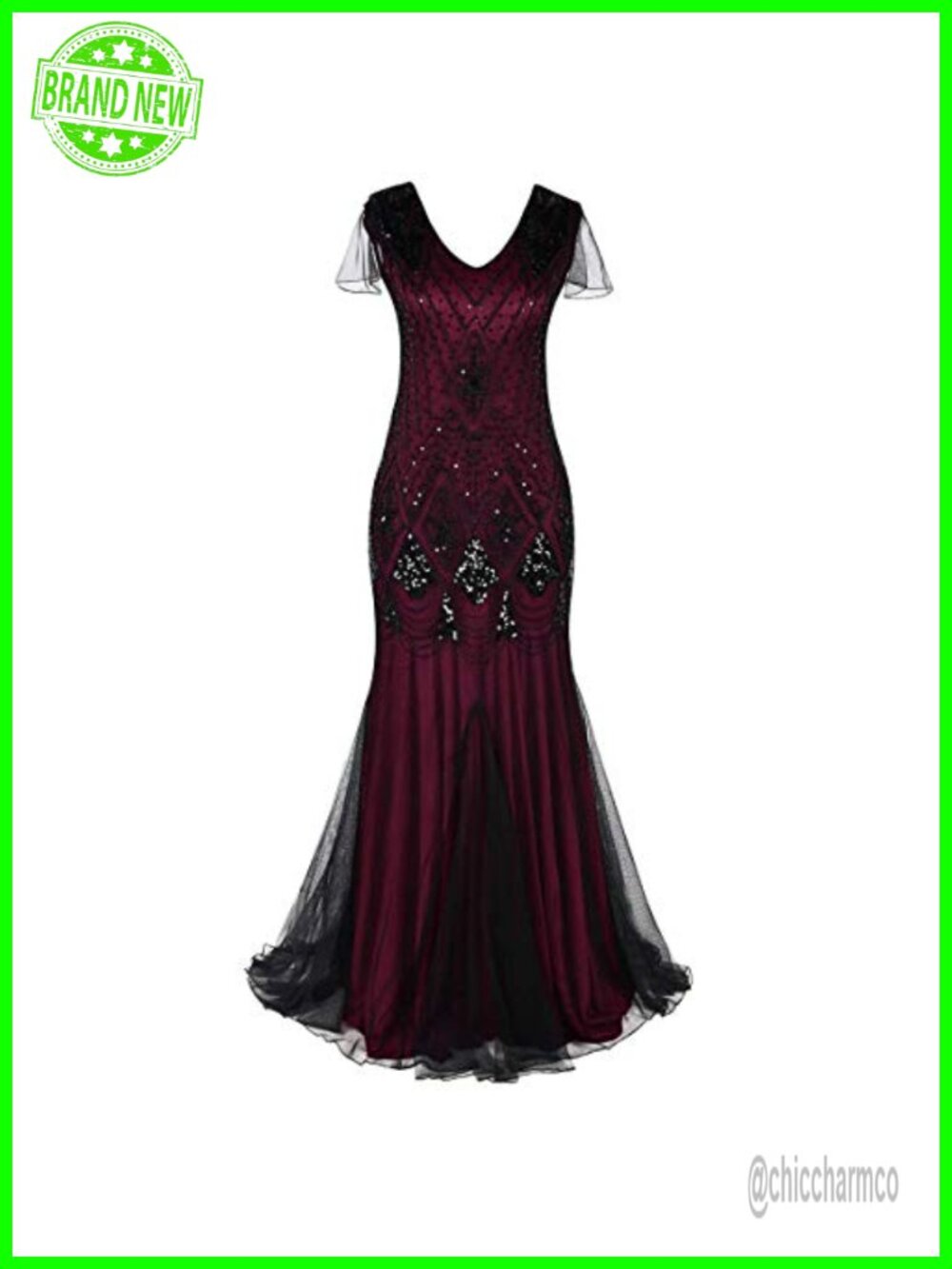 Vintage 1920s Gatsby Flapper Sequin Mermaid Hem Formal Maxi Dress